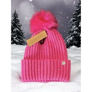 Steve Madden Woman's Cloud Knit Faux Fur Pom Pom Beanie Hat Hot Pink One Size